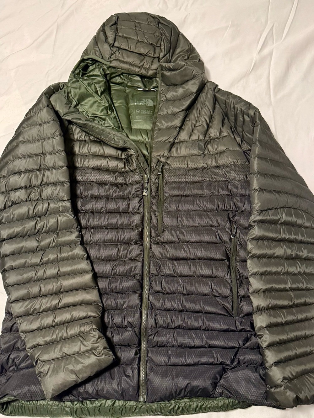 The North Face Two-Tone Olive and Black Quilted Down Hooded Puffer